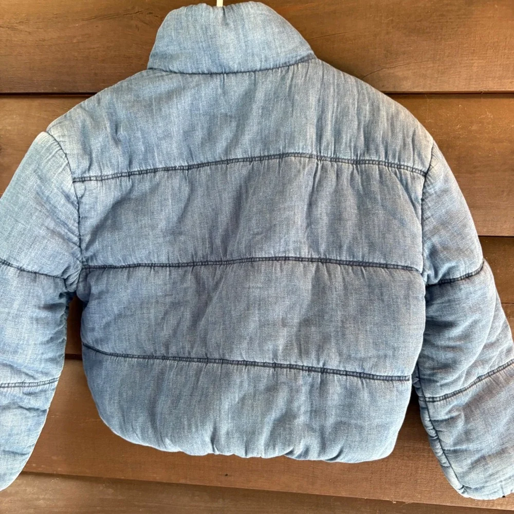 Gap Kids Blue Denim Puffer Jacket Fleece Lined Quilted Coat Size M 8 Light Wash